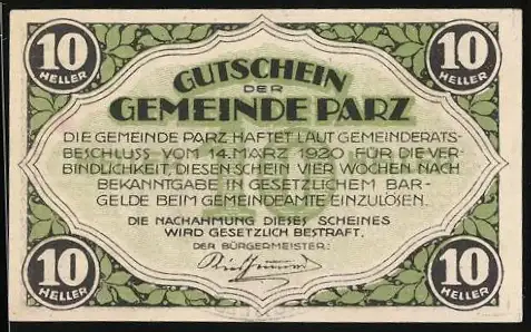 Notgeld Gemeinde Parz 1920, 10 Heller, Landschaft mit Schloss Schlüsselberg