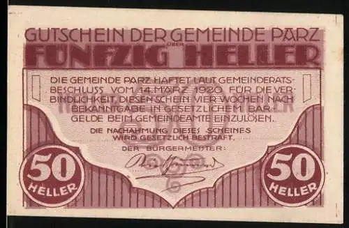 Notgeld Parz 1920, 50 Heller, Schloss Parz, Landschaft mit Fluss und Boot