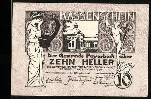 Notgeld Payerbach 1920, 10 Heller, antike Figuren und Gebäude, Kassenschein der Gemeinde