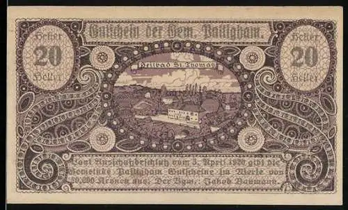 Notgeld Pattigham 1920, 20 Heller, detaillierte Ornamente und Landschaftspanorama