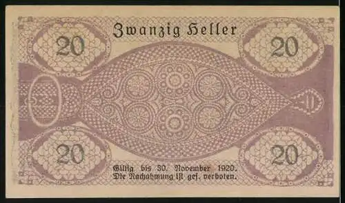 Notgeld Pattigham 1920, 20 Heller, detaillierte Ornamente und Landschaftspanorama