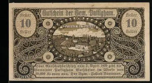 Notgeld Pattigham 1920, 10 Heller, Ansicht von Heilbad St. Thomas mit dekorativem Rahmenmuster