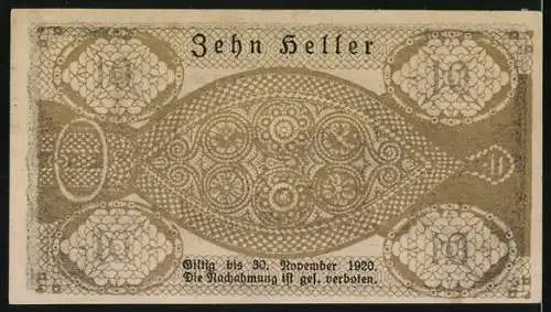 Notgeld Pattigham 1920, 10 Heller, Ansicht von Heilbad St. Thomas mit dekorativem Rahmenmuster