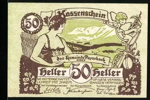 Notgeld Payerbach 1920, 50 Heller, Landschaft mit Frau und Putte, Entwurf Kurt Libesny, M. Salzer in Wien