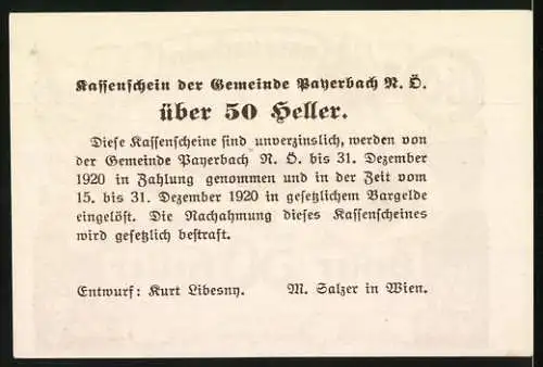 Notgeld Payerbach 1920, 50 Heller, Landschaft mit Frau und Putte, Entwurf Kurt Libesny, M. Salzer in Wien