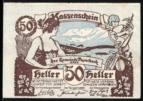 Notgeld Payerbach 1920, 50 Heller, Frau mit Getreide und Kind auf Rad vor Berglandschaft