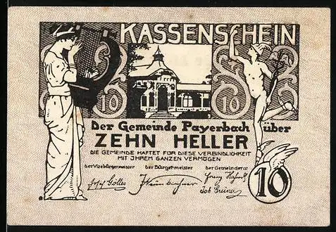 Notgeld Payerbach 1920, 10 Heller, Figuren mit Musikinstrument und Gebäudeillustration