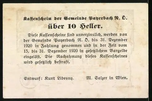 Notgeld Payerbach 1920, 10 Heller, Figuren mit Musikinstrument und Gebäudeillustration