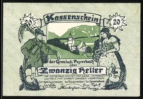 Notgeld Payerbach 1920, 20 Heller, Bauer und Bäuerin mit Dorfansicht