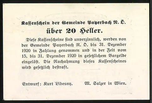 Notgeld Payerbach 1920, 20 Heller, Bauer und Bäuerin mit Dorfansicht