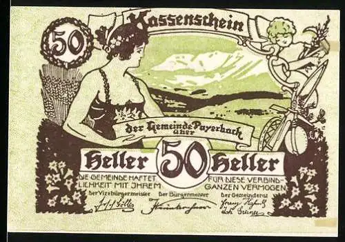 Notgeld Payerbach 1920, 50 Heller, Frau mit Landschaft und Kutsche, Seriennummer und Unterschriften enthalten