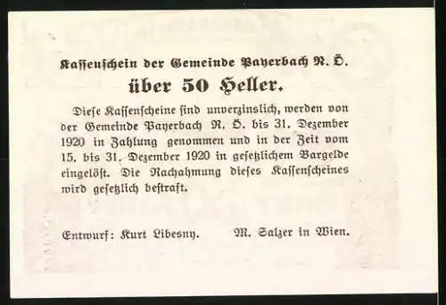 Notgeld Payerbach 1920, 50 Heller, Frau mit Landschaft und Kutsche, Seriennummer und Unterschriften enthalten