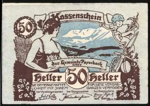 Notgeld Payerbach 1920, 50 Heller, Berglandschaft mit Frauenfigur und Radfahrer