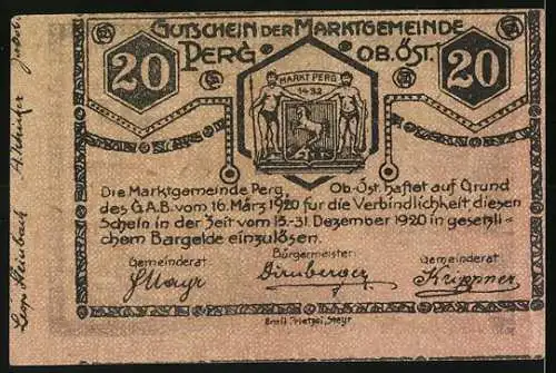 Notgeld Perg 1920, 20 Heller, Mühlstein-Motiv und Stadtwappen