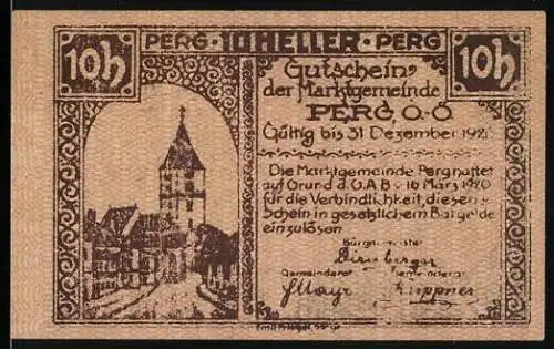 Notgeld Perg 1920, 10 Heller, Stadtansicht und Wappen von Perg