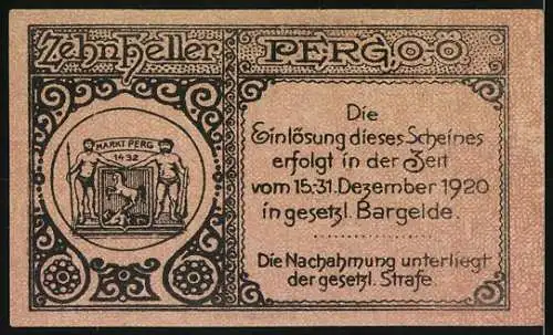 Notgeld Perg 1920, 10 Heller, Stadtansicht und Wappen von Perg