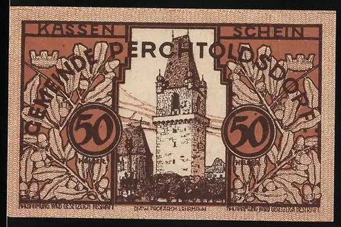 Notgeld Perchtoldsdorf 1920, 50 Heller, Turm und Eichenlaub, Siegel und Unterschriften