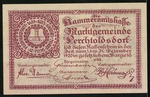 Notgeld Perchtoldsdorf 1920, 50 Heller, Turm und Eichenlaub, Siegel und Unterschriften