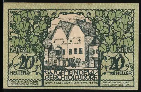 Notgeld Perchtoldsdorf 1920, 20 Heller, Rathaus und Wappen der Marktgemeinde