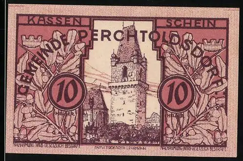 Notgeld Perchtoldsdorf 1920, 10 Heller, Turm und Eichenlaub, Wappen und Unterschriften