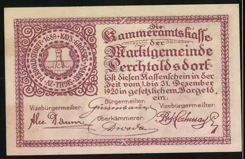 Notgeld Perchtoldsdorf 1920, 10 Heller, Turm und Eichenlaub, Wappen und Unterschriften