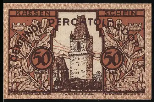 Notgeld Perchtoldsdorf 1920, 50, Burgturm-Motiv mit Eichenlaub und Wappen