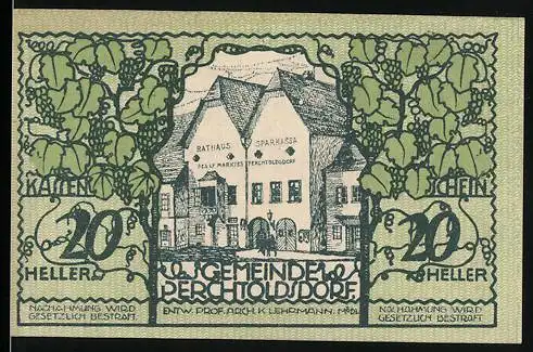 Notgeld Perchtoldsdorf 1920, 20 Heller, Rathaus und Sparkasse mit Weinreben, Wappen und Unterschriften