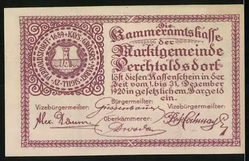 Notgeld Perchtoldsdorf 1920, 20 Heller, Rathaus und Sparkasse mit Weinreben, Wappen und Unterschriften