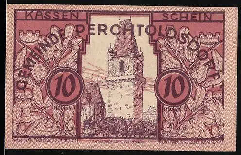 Notgeld Perchtoldsdorf 1920, 10 Heller, Turm und Eichenlaub, Wappen und Unterschriften