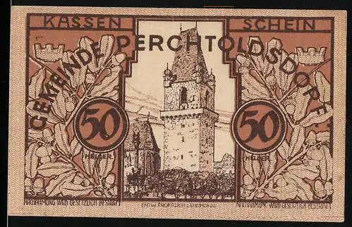 Notgeld Perchtoldsdorf 1920, 50 Heller, Turm und Eichenlaub, Seriennummer, Wappen