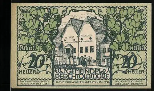 Notgeld Perchtoldsdorf 1920, 20 Heller, Rathaus und Sparkasse, Wappen und Unterschriften