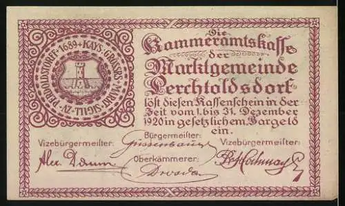 Notgeld Perchtoldsdorf 1920, 20 Heller, Rathaus und Sparkasse, Wappen und Unterschriften