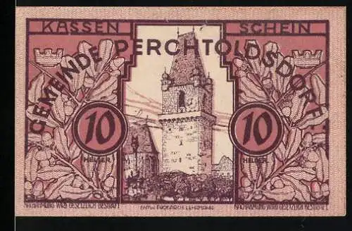 Notgeld Perchtoldsdorf 1920, 10 Heller, Turmmotiv und Wappen mit Eichenlaubverzierung