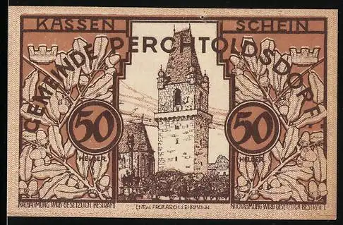 Notgeld Perchtoldsdorf 1920, 50 Heller, Turmmotiv mit Eichenlaub und Siegel der Marktgemeinde