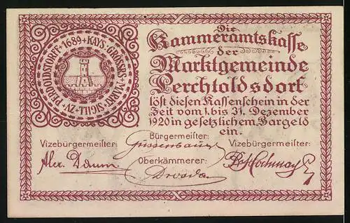 Notgeld Perchtoldsdorf 1920, 50 Heller, Turmmotiv mit Eichenlaub und Siegel der Marktgemeinde