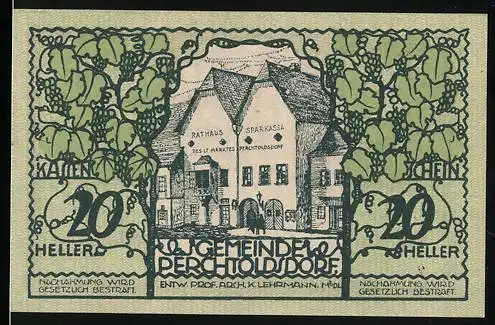 Notgeld Perchtoldsdorf 1920, 20 Heller, Rathaus und Sparkasse, Weinlaub-Motiv, mit Wappen