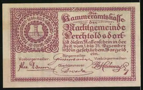 Notgeld Perchtoldsdorf 1920, 20 Heller, Rathaus und Sparkasse, Weinlaub-Motiv, mit Wappen