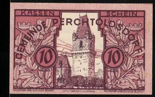 Notgeld Perchtoldsdorf 1920, 10 Heller, Turm und Eichenlaub, mit Wappen und Unterschriften