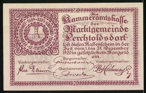 Notgeld Perchtoldsdorf 1920, 10 Heller, Turm und Eichenlaub, mit Wappen und Unterschriften