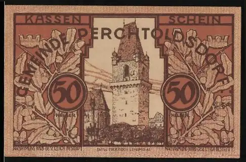 Notgeld Perchtoldsdorf 1920, 50 Heller, mit Wehrturm und Eichenblättern, Seriennummer und Wappen