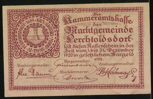 Notgeld Perchtoldsdorf 1920, 50 Heller, mit Wehrturm und Eichenblättern, Seriennummer und Wappen