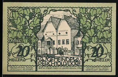 Notgeld Perchtoldsdorf 1920, 20 Heller, Rathaus und Sparkasse, Wappen und Unterschriften