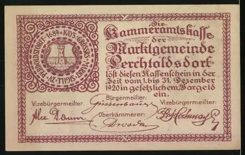 Notgeld Perchtoldsdorf 1920, 20 Heller, Rathaus und Sparkasse, Wappen und Unterschriften