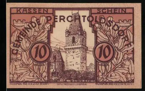 Notgeld Perchtoldsdorf 1920, 10 Heller, Burgturm und Eichenlaub, Wappen und Unterschriften