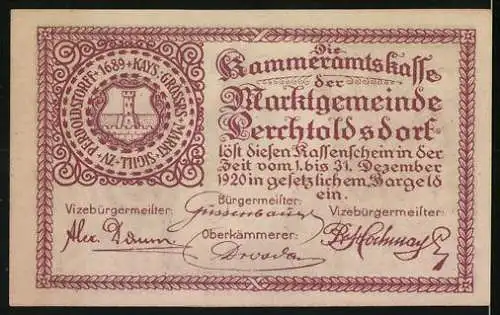 Notgeld Perchtoldsdorf 1920, 10 Heller, Burgturm und Eichenlaub, Wappen und Unterschriften