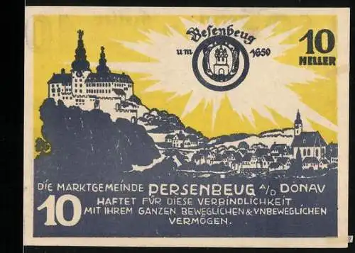 Notgeld Persenbeug 1920, 10 Heller, Burgansicht und Wappen, Landschaft bei Sonnenaufgang