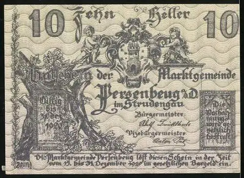 Notgeld Persenbeug 1920, 10 Heller, Burgansicht und Wappen, Landschaft bei Sonnenaufgang