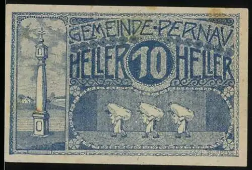 Notgeld Pernau 1921, 10 Heller, Säule und Träger mit Säcken