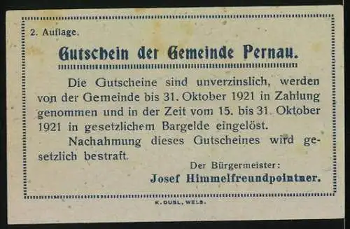 Notgeld Pernau 1921, 10 Heller, Säule und Träger mit Säcken