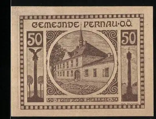 Notgeld Pernau 1920, 50 Heller, Gebäude und Säulen mit Adler